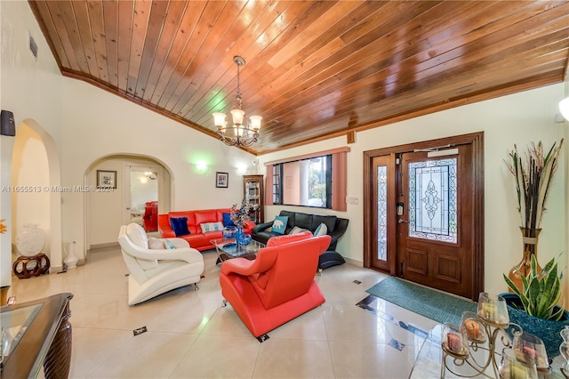 living room with lofted ceiling, wood ceiling, ornamental molding, and light tile patterned flooring