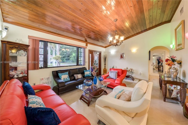 living room featuring crown molding, an inviting chandelier, wood ceiling, lofted ceiling, and light tile patterned flooring