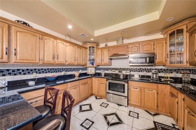 kitchen featuring dark stone countertops, appliances with stainless steel finishes, a tray ceiling, and tasteful backsplash