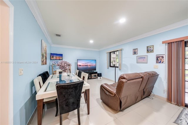 tiled living room with crown molding