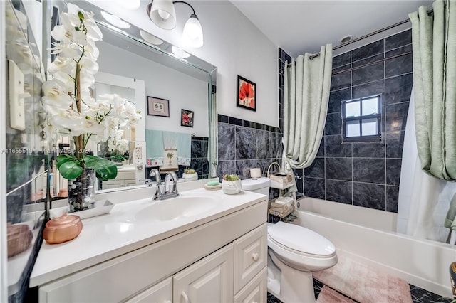 full bathroom featuring vanity, toilet, tile walls, and shower / bathtub combination with curtain