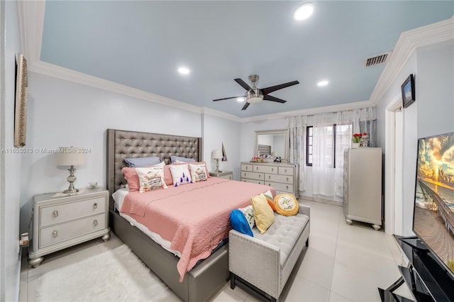 tiled bedroom featuring crown molding and ceiling fan