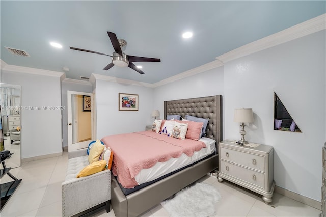 bedroom featuring crown molding, ceiling fan, and light tile patterned floors