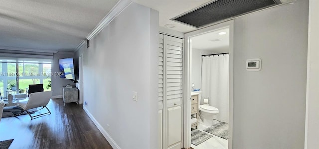 hallway with ornamental molding, a textured ceiling, and dark wood-type flooring