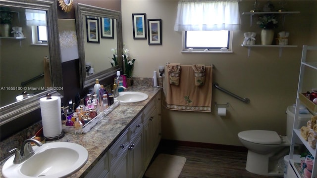 bathroom featuring toilet, hardwood / wood-style flooring, and vanity