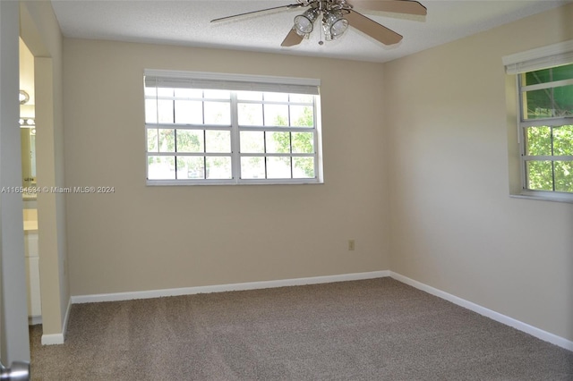 spare room with a textured ceiling, ceiling fan, and carpet floors