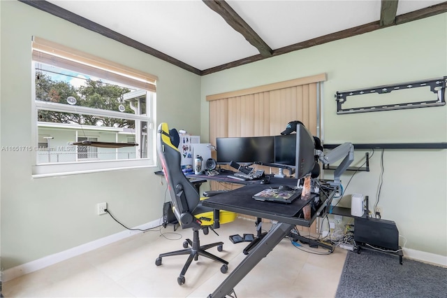 office space featuring beam ceiling