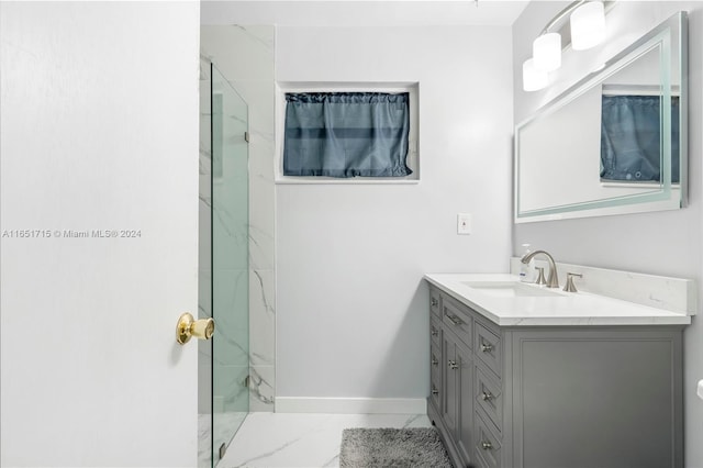 bathroom featuring vanity and a shower with door