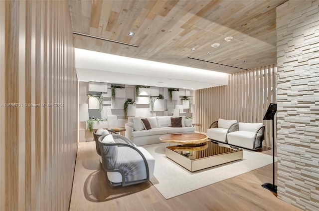 living room featuring wooden ceiling and hardwood / wood-style flooring