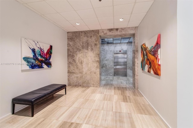 hallway with light hardwood / wood-style floors, elevator, and a drop ceiling