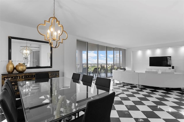 dining space with expansive windows and a notable chandelier