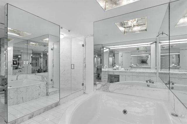 full bathroom with vanity, toilet, separate shower and tub, and tile patterned floors