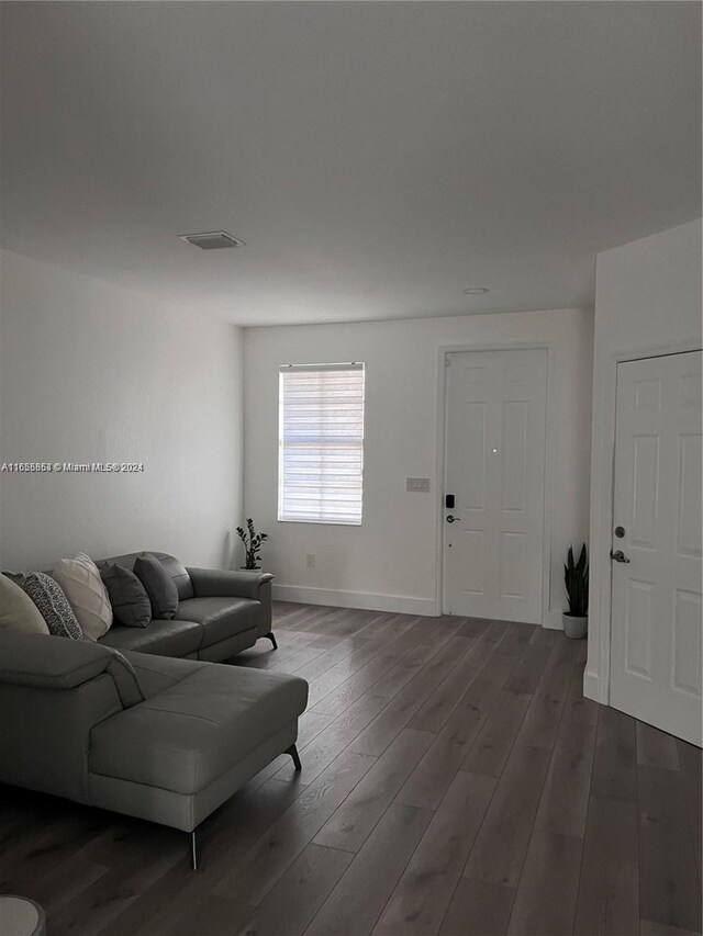 living room featuring dark wood-type flooring