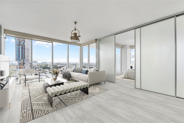 living room featuring a healthy amount of sunlight, light hardwood / wood-style flooring, expansive windows, and a chandelier