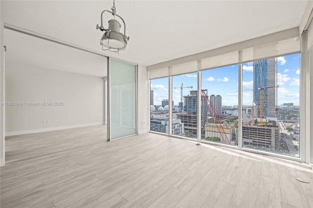 spare room with light hardwood / wood-style floors and expansive windows