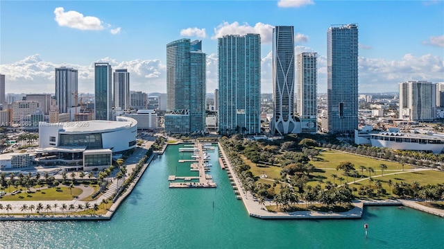 bird's eye view with a water view