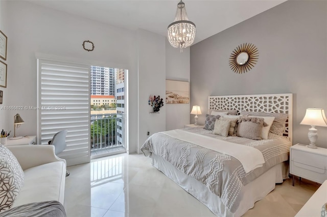 bedroom featuring an inviting chandelier, access to outside, and light tile patterned flooring