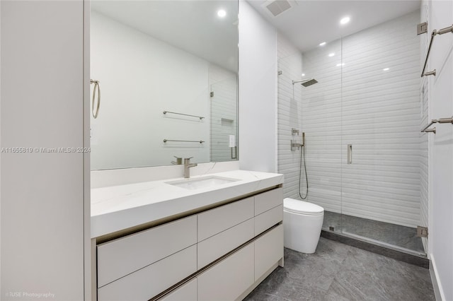 full bathroom with visible vents, toilet, recessed lighting, a stall shower, and vanity