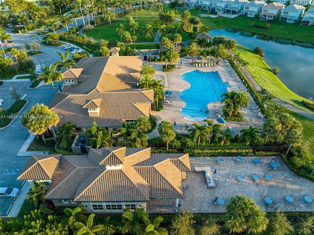 drone / aerial view with a water view