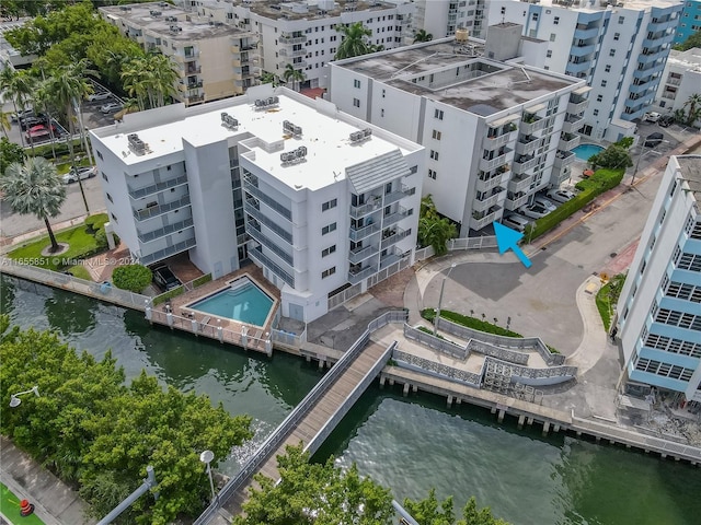 aerial view featuring a water view