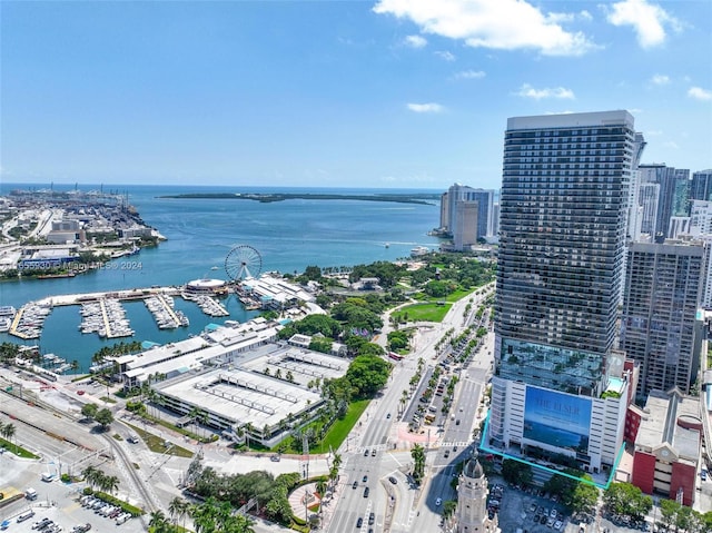 aerial view featuring a view of city and a water view