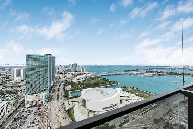 view of water feature with a view of city