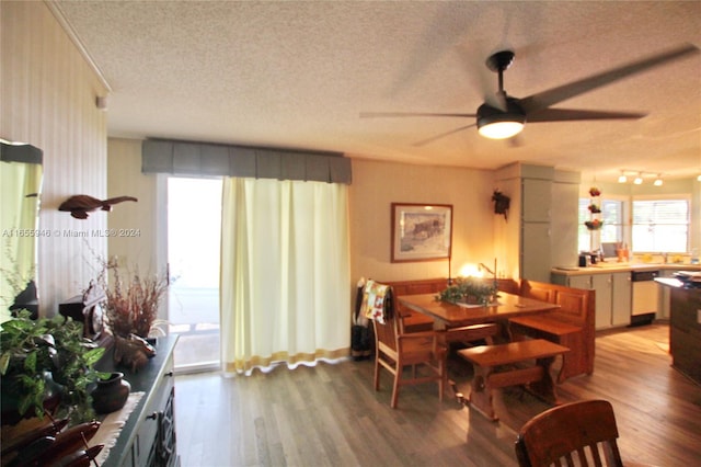 dining room featuring a textured ceiling, light hardwood / wood-style floors, and ceiling fan