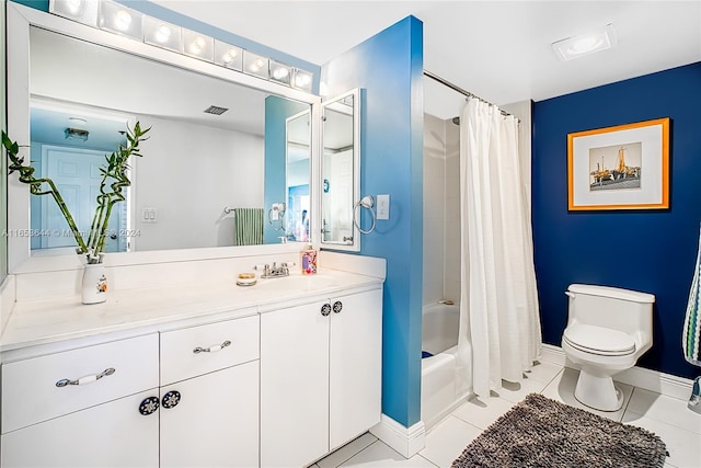 full bathroom with tile patterned floors, shower / bath combination with curtain, toilet, and vanity