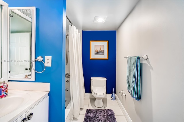 full bathroom with vanity, toilet, tile patterned floors, and shower / bath combination with curtain