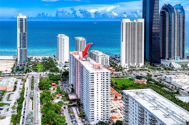 aerial view featuring a water view