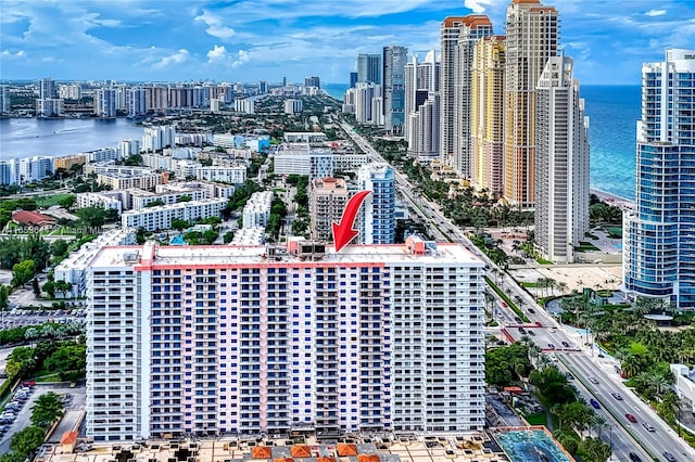 drone / aerial view featuring a water view