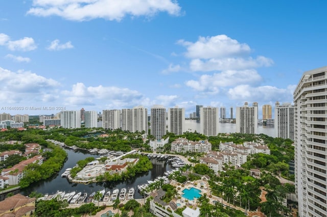 bird's eye view with a water view