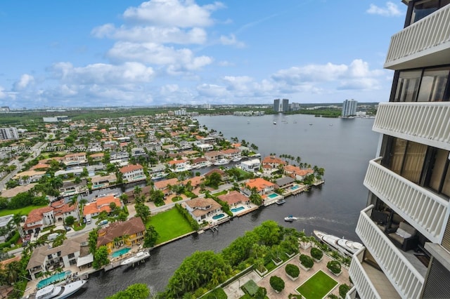 drone / aerial view featuring a water view