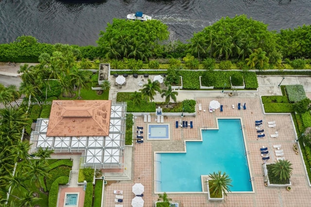 aerial view featuring a water view