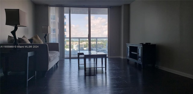 living room featuring dark wood-type flooring and expansive windows