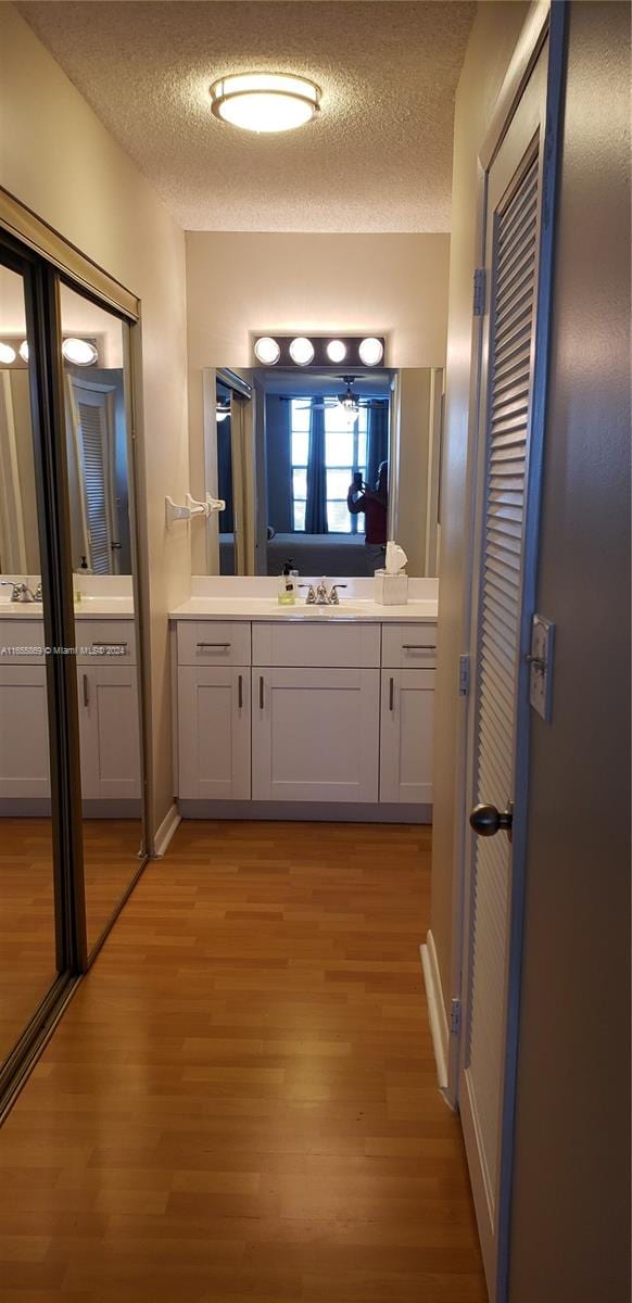 bathroom featuring vanity, a textured ceiling, and wood-type flooring