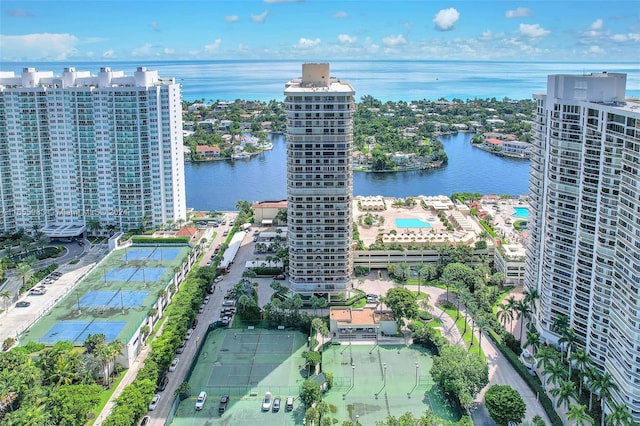 drone / aerial view featuring a water view