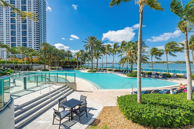 view of pool with a patio and a water view