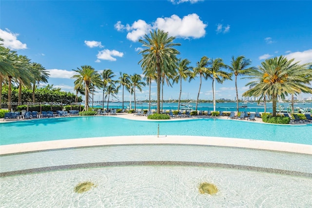 view of pool with a water view