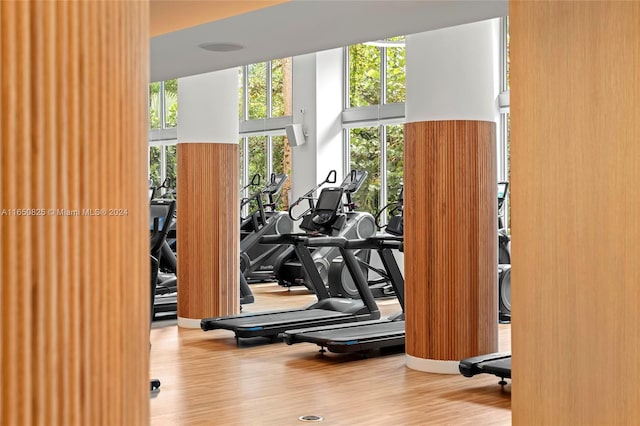 workout area with wood-type flooring