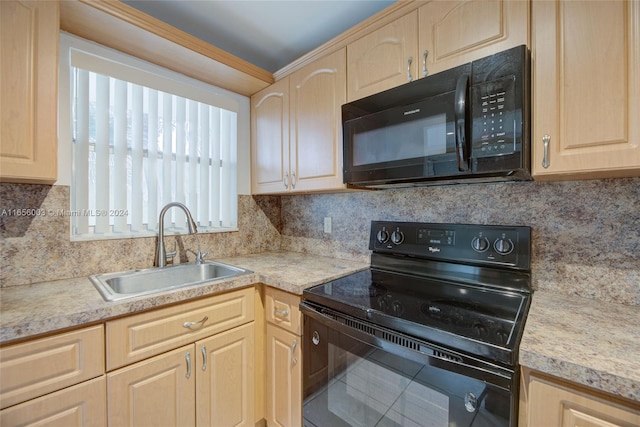 kitchen featuring black appliances, light brown cabinets, sink, crown molding, and backsplash