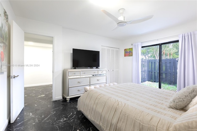 bedroom featuring ceiling fan and a closet