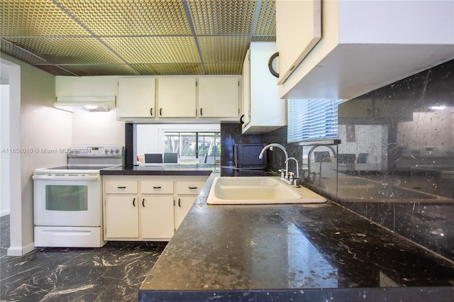 kitchen with backsplash, sink, range hood, and white range with electric cooktop