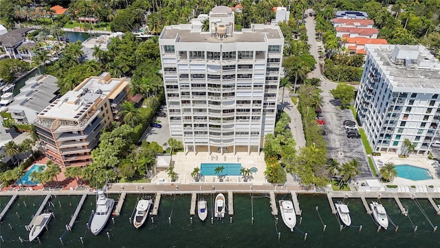 birds eye view of property featuring a water view