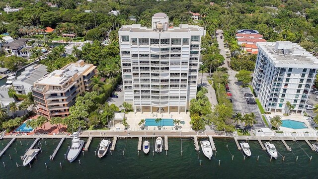 bird's eye view with a water view