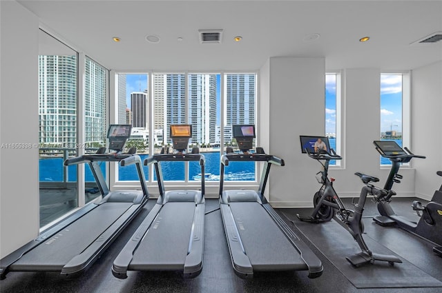 gym with a wall of windows and a wealth of natural light