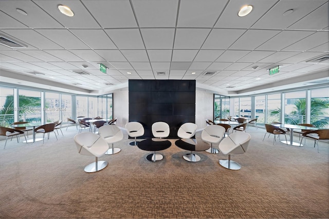 interior space with a drop ceiling and carpet