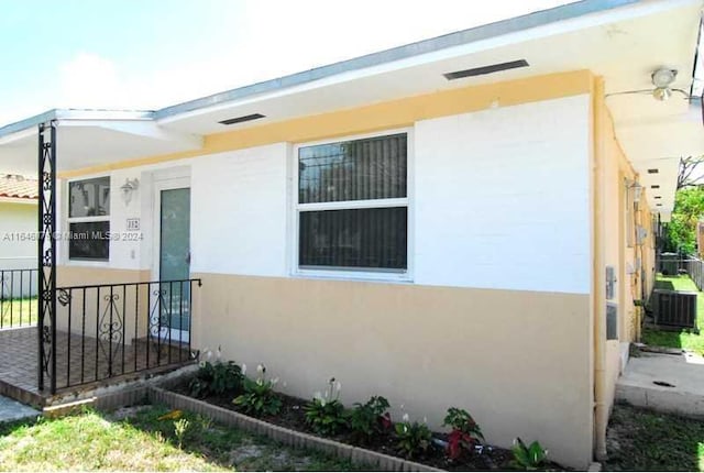 exterior space featuring central air condition unit