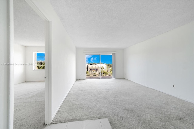 unfurnished living room with light colored carpet, a textured ceiling, and a wealth of natural light