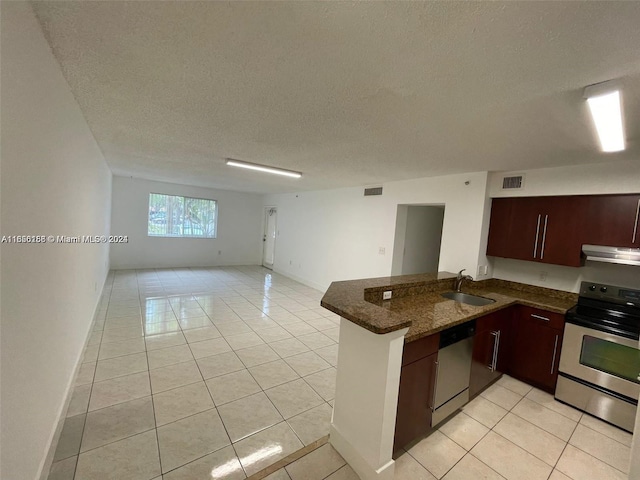 kitchen featuring dark stone countertops, stainless steel appliances, sink, kitchen peninsula, and extractor fan